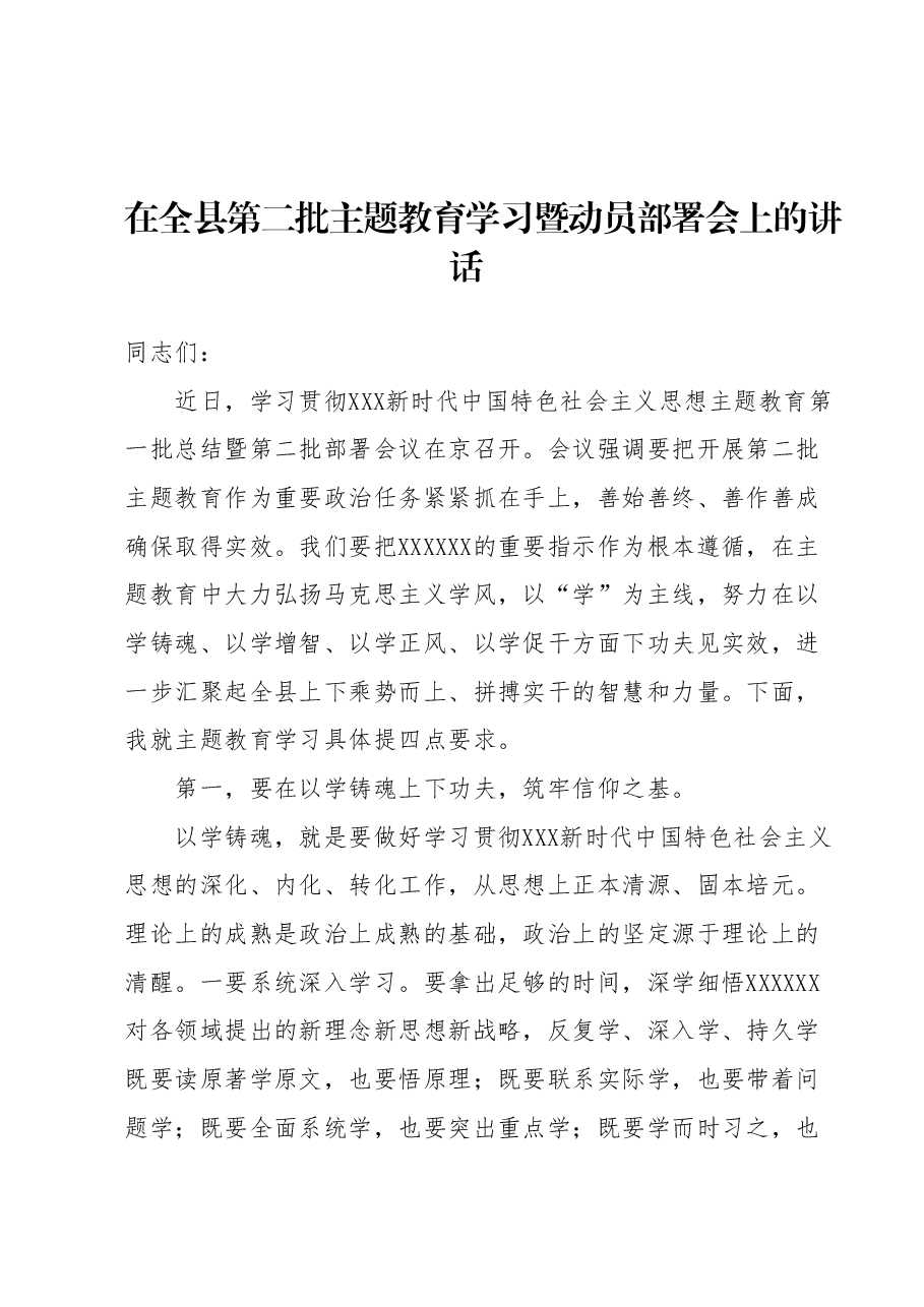 在全县第二批主题教育学习暨动员部署会上的讲话.docx,第1页预览