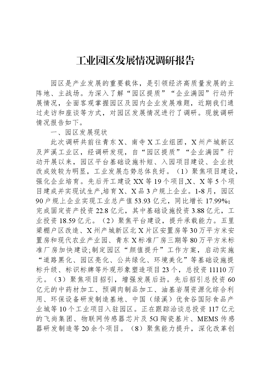 工业园区发展情况调研报告.docx,第1页预览