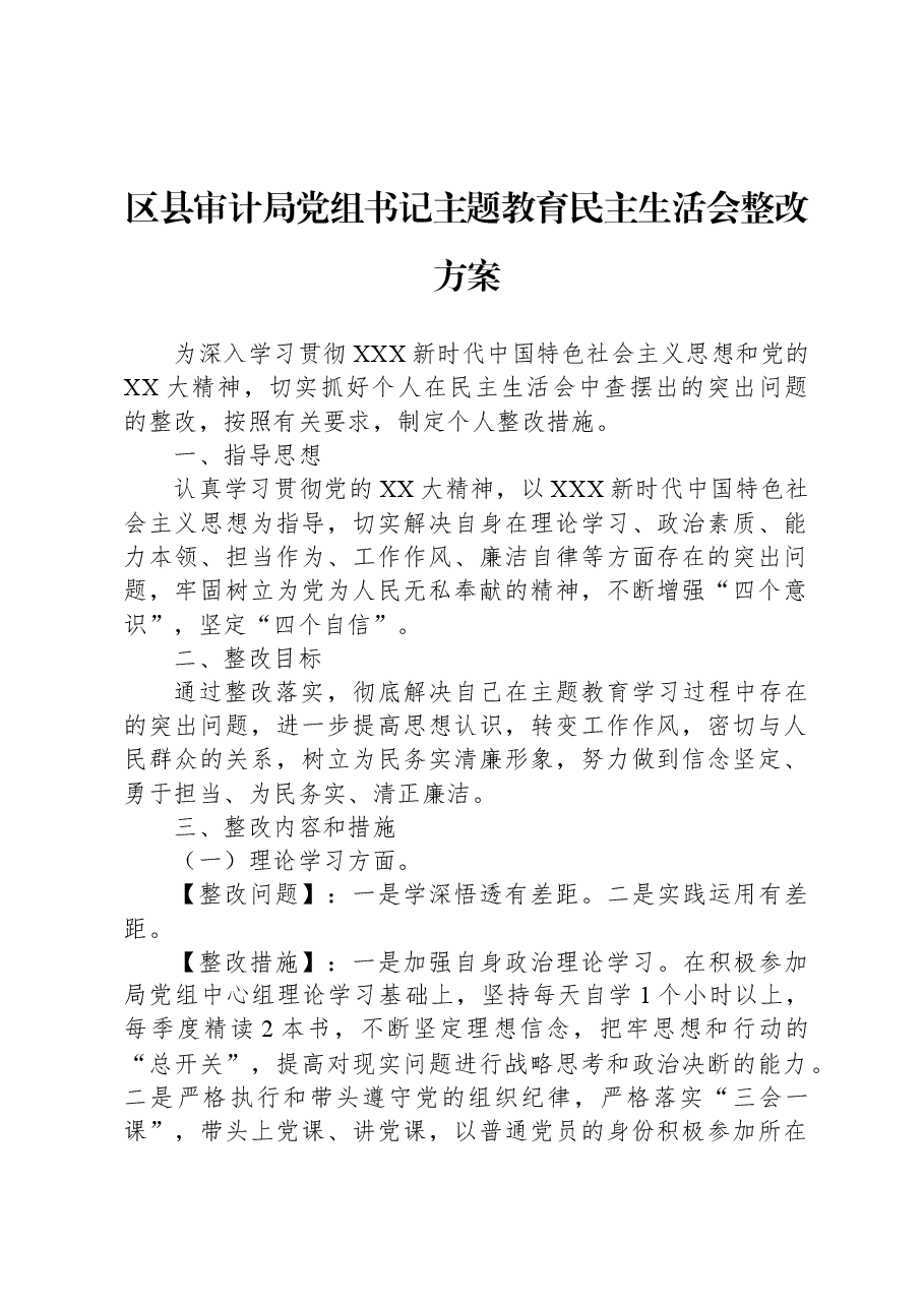 区县审计局党组书记主题教育民主生活会整改方案.docx,第1页预览