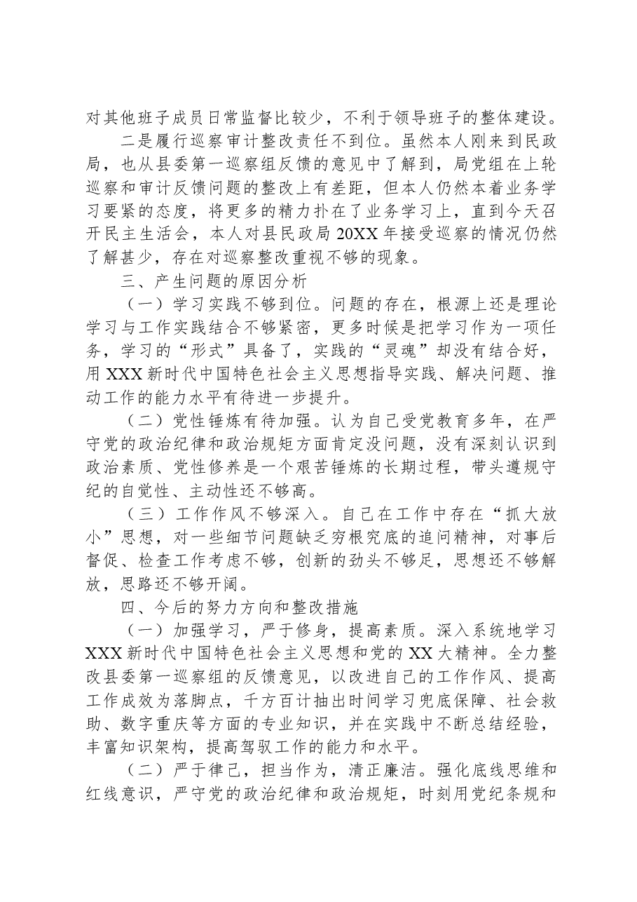 新任副局长巡察反馈意见整改专题民主生活会个人对照检查材料.docx,第3页预览