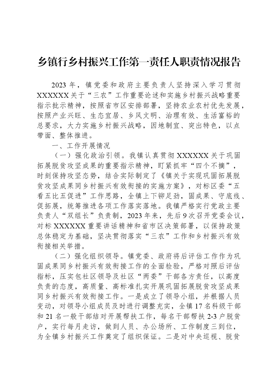 乡镇行乡村振兴工作第一责任人职责情况报告.docx,第1页预览