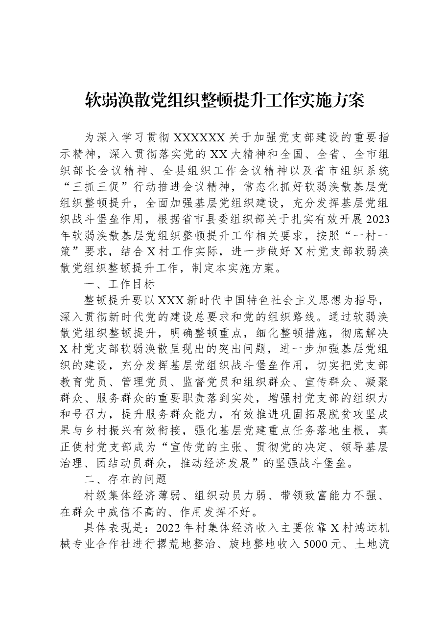 软弱涣散党组织整顿提升工作实施方案.docx,第1页预览
