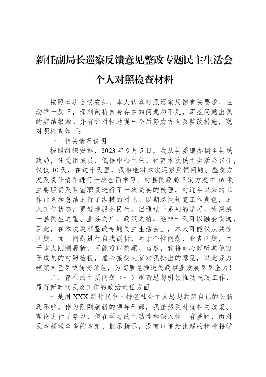 新任副局长巡察反馈意见整改专题民主生活会个人对照检查材料.docx,第1页预览
