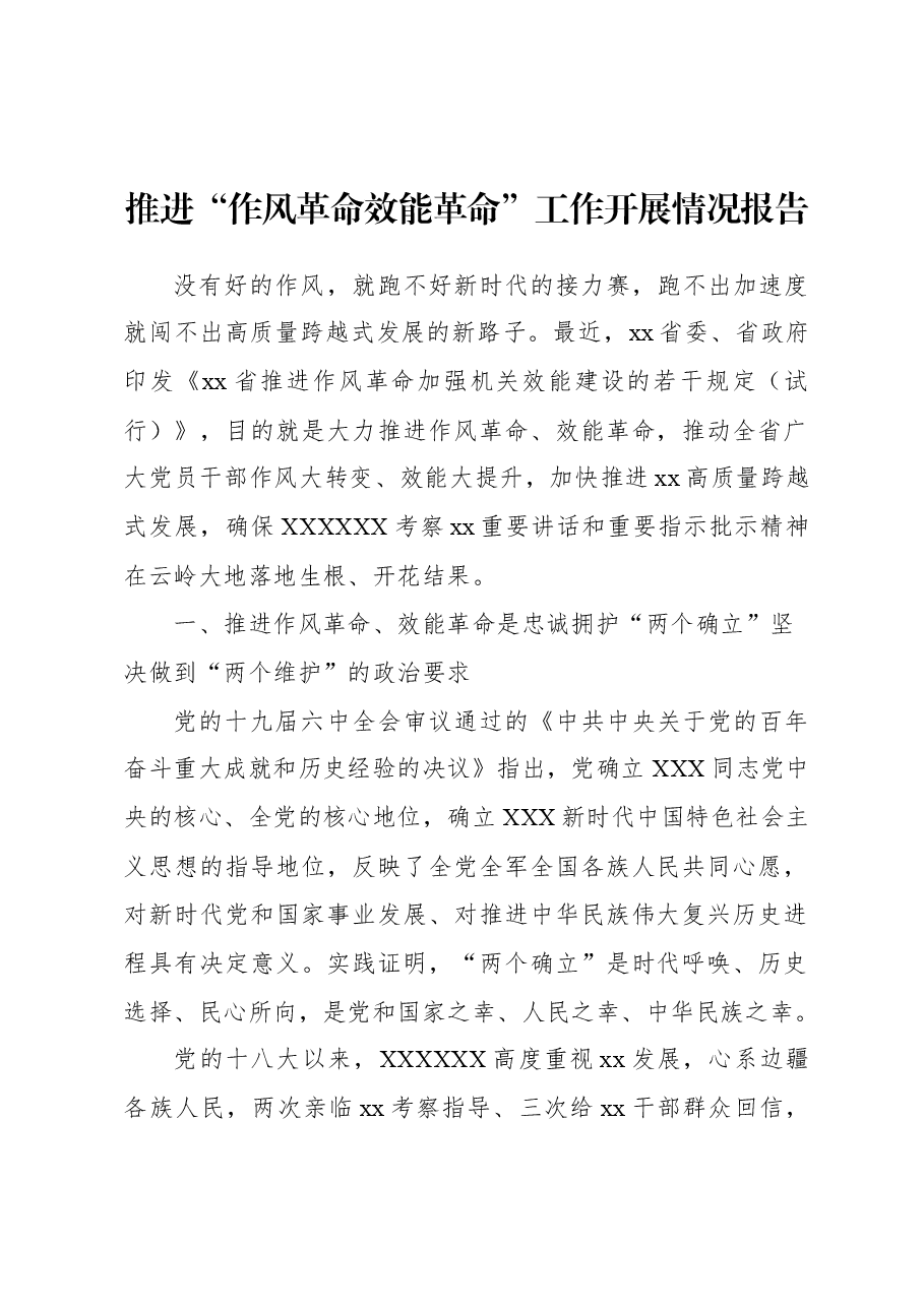 推进“作风革命效能革命”工作开展情况报告.docx,第1页预览