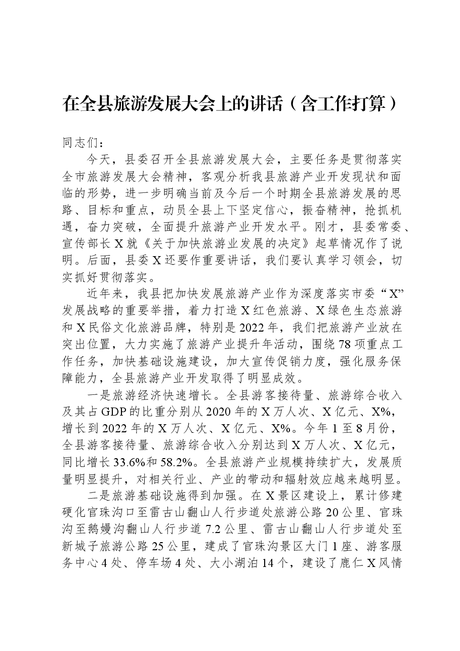 在全县旅游发展大会上的讲话(含工作打算).docx,第1页预览