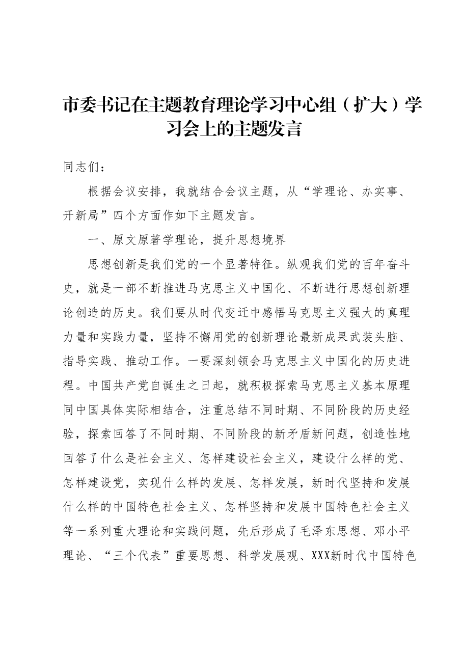 市委书记在主题教育理论学习中心组(扩大)学习会上的主题发言.docx,第1页预览