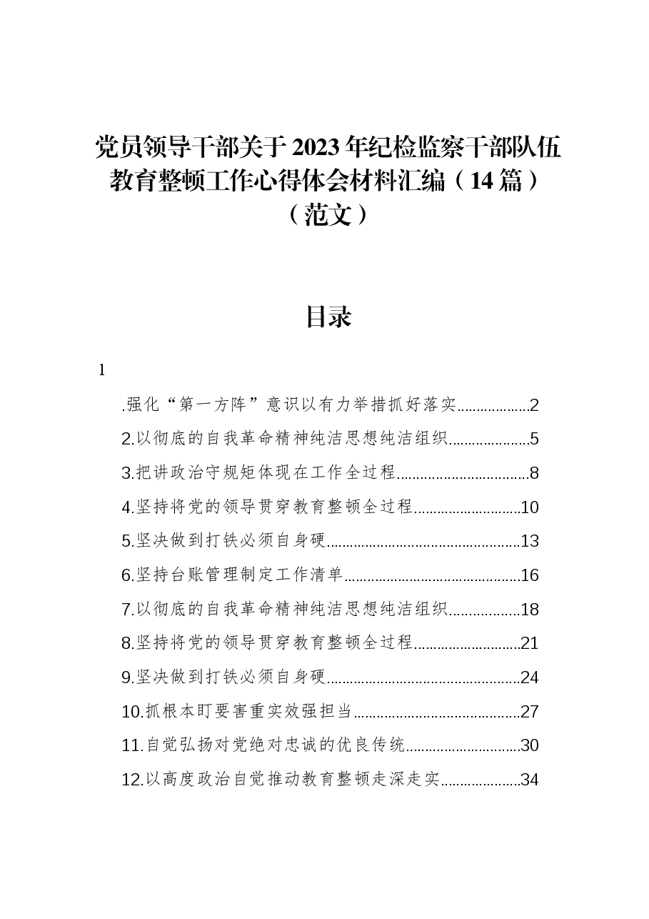 （14篇）党员领导干部关于2023年纪检监察干部队伍教育整顿工作心得体会材料汇编.docx，第1页预览