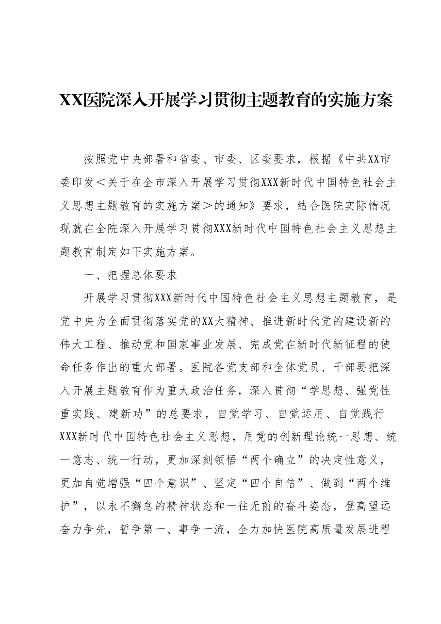 XX医院深入开展学习贯彻主题教育的实施方案.docx,第1页预览