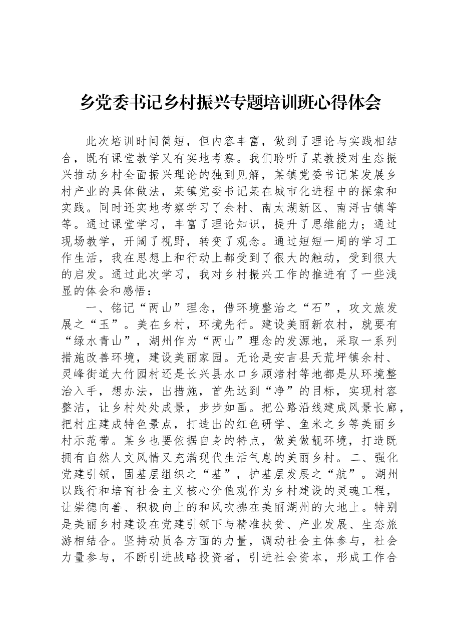 乡党委书记乡村振兴专题培训班心得体会.docx,第1页预览