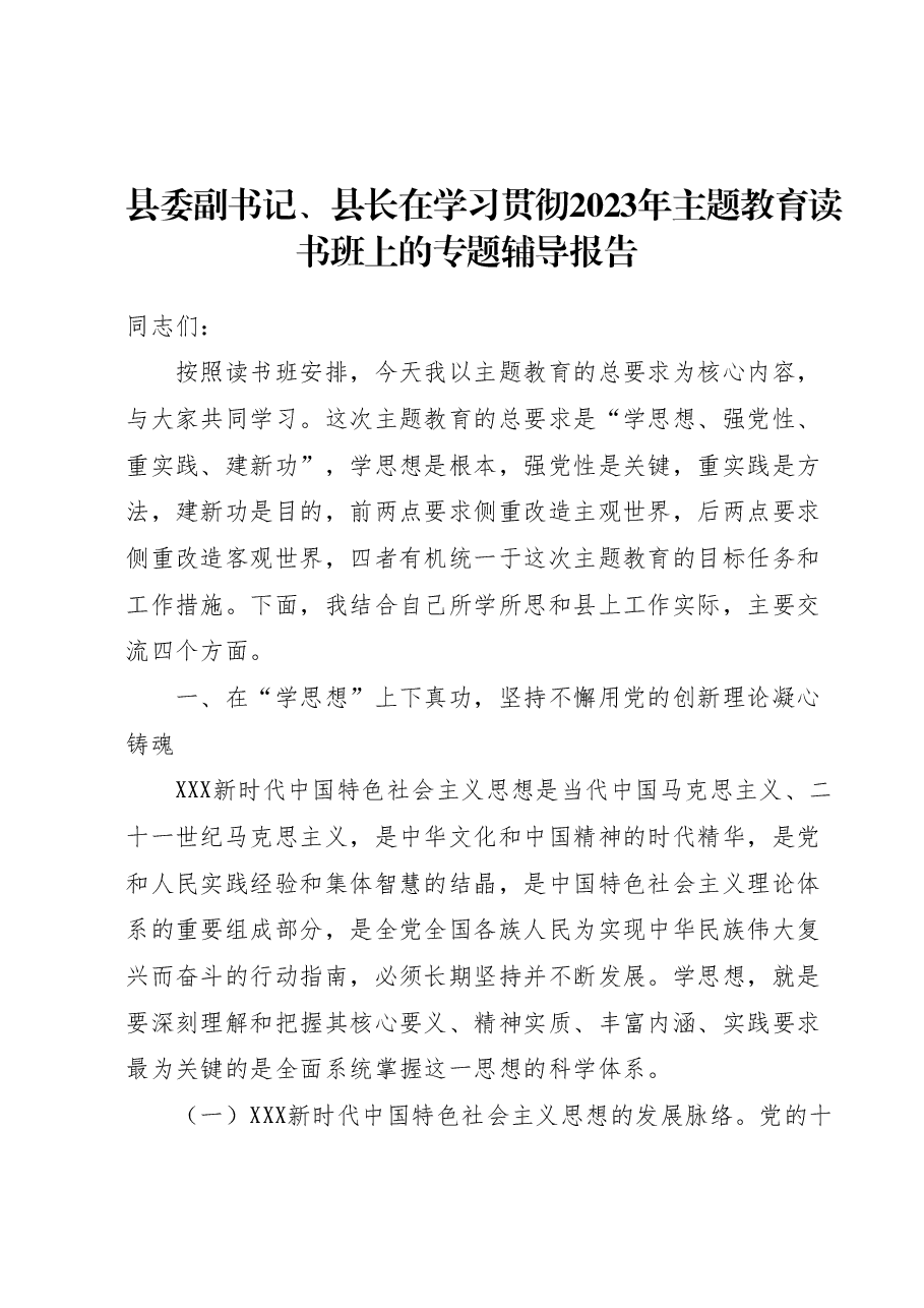 县委副书记、县长在学习贯彻2023年主题教育读书班上的专题辅导报告.docx,第1页预览