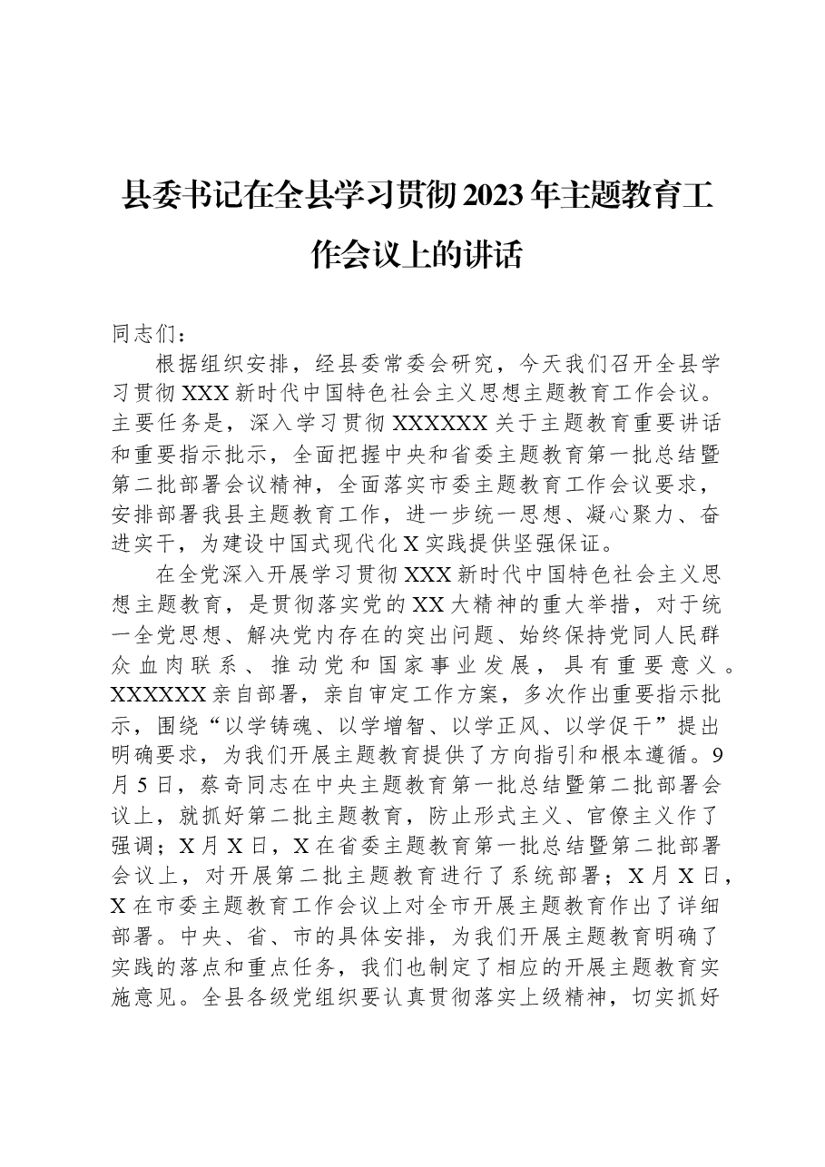 县委书记在全县学习贯彻2023年主题教育工作会议上的讲话.docx，第1页预览