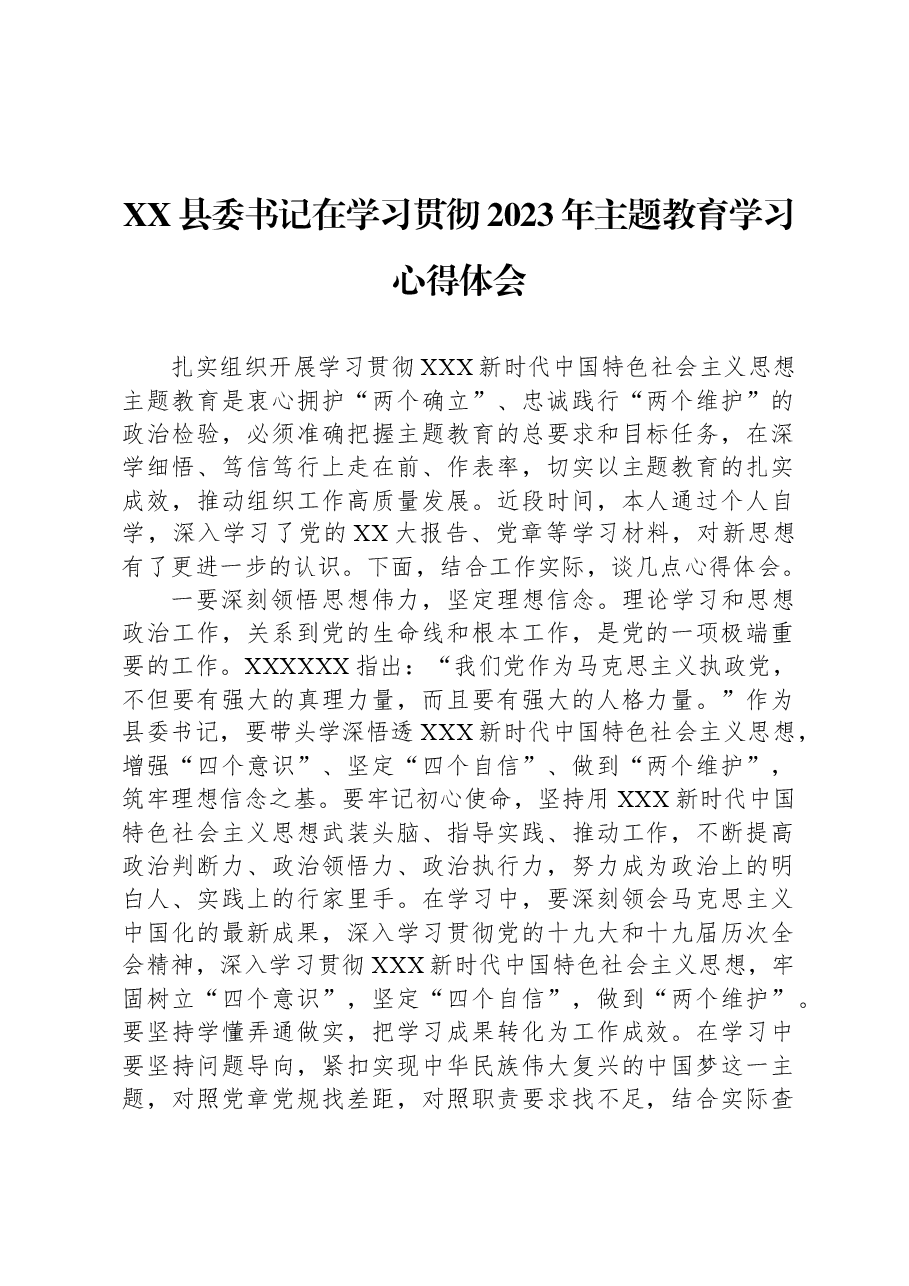 XX县委书记在学习贯彻2023年主题教育学习心得体会.docx,第1页预览
