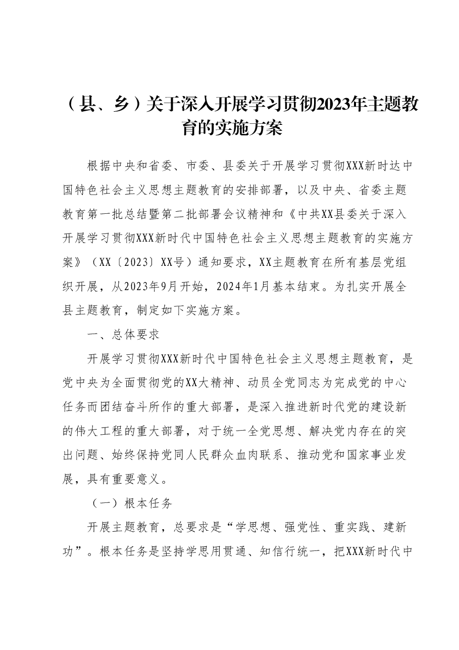 (县、乡)关于深入开展学习贯彻2023年主题教育的实施方案.docx,第1页预览