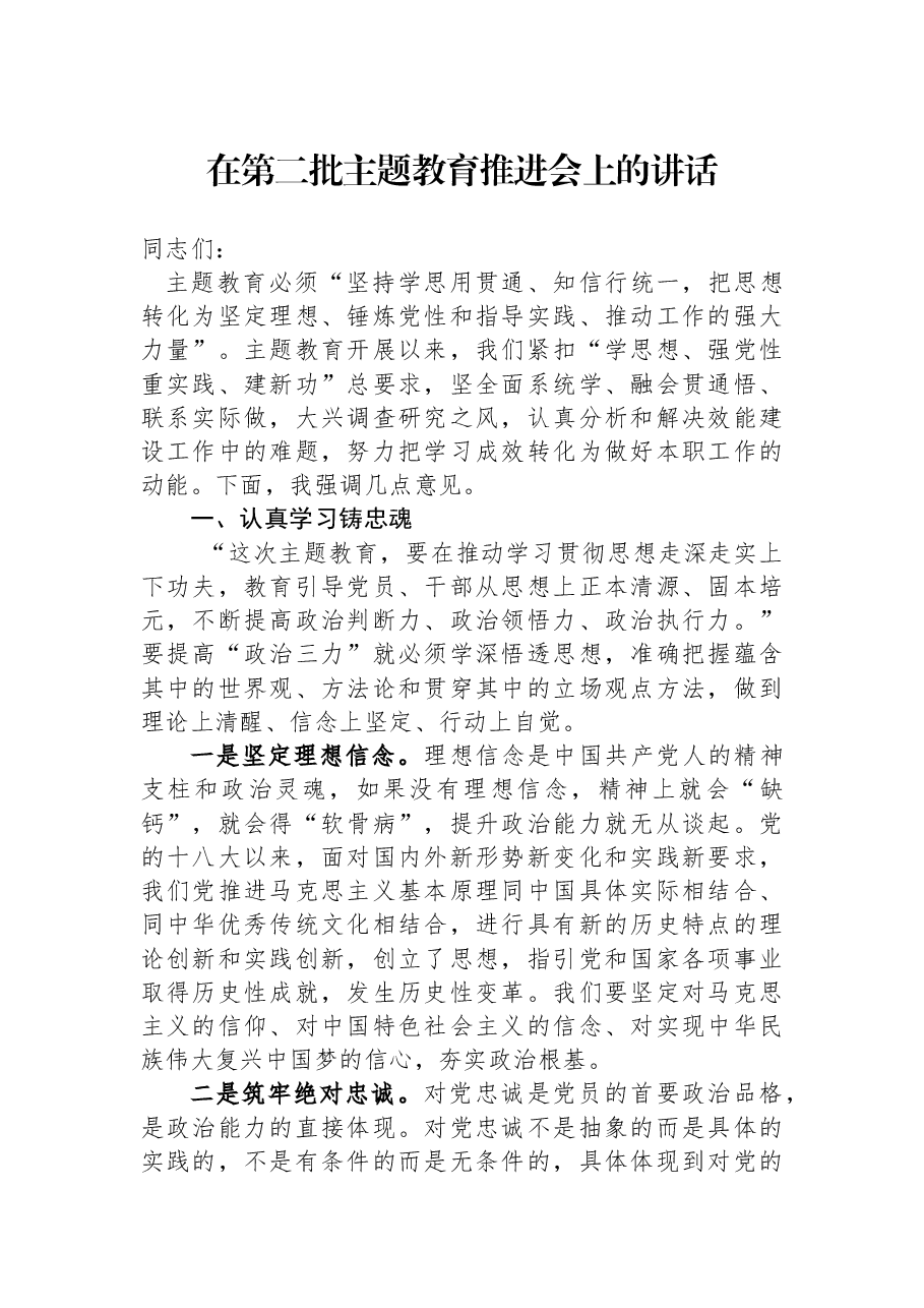 在第二批主题教育推进会上的讲话.docx,第1页预览