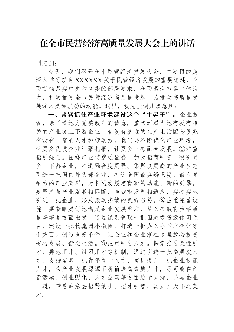 在全市民营经济高质量发展大会上的讲话.docx,第1页预览