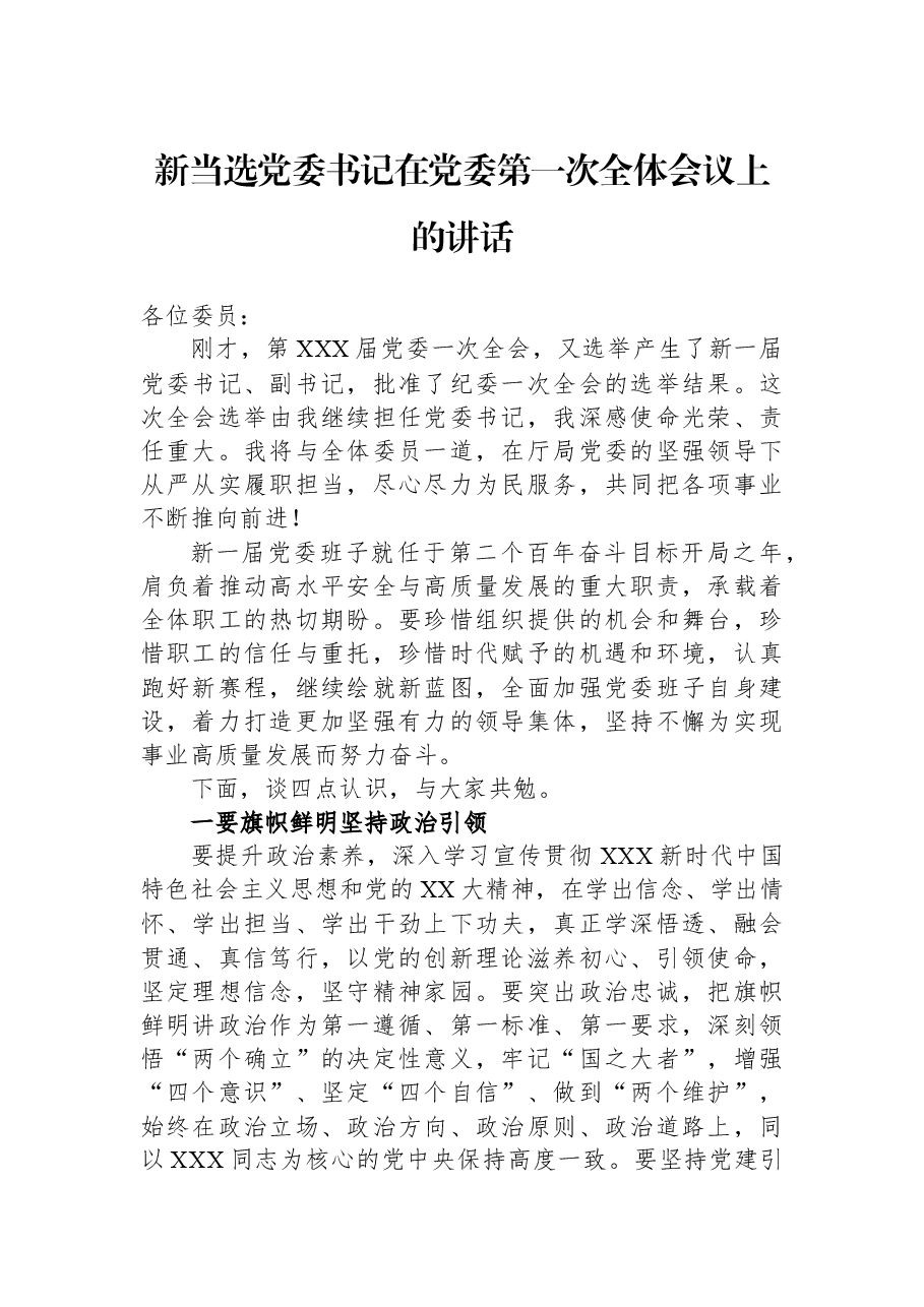 新当选党委书记在党委第一次全体会议上的讲话.docx,第1页预览