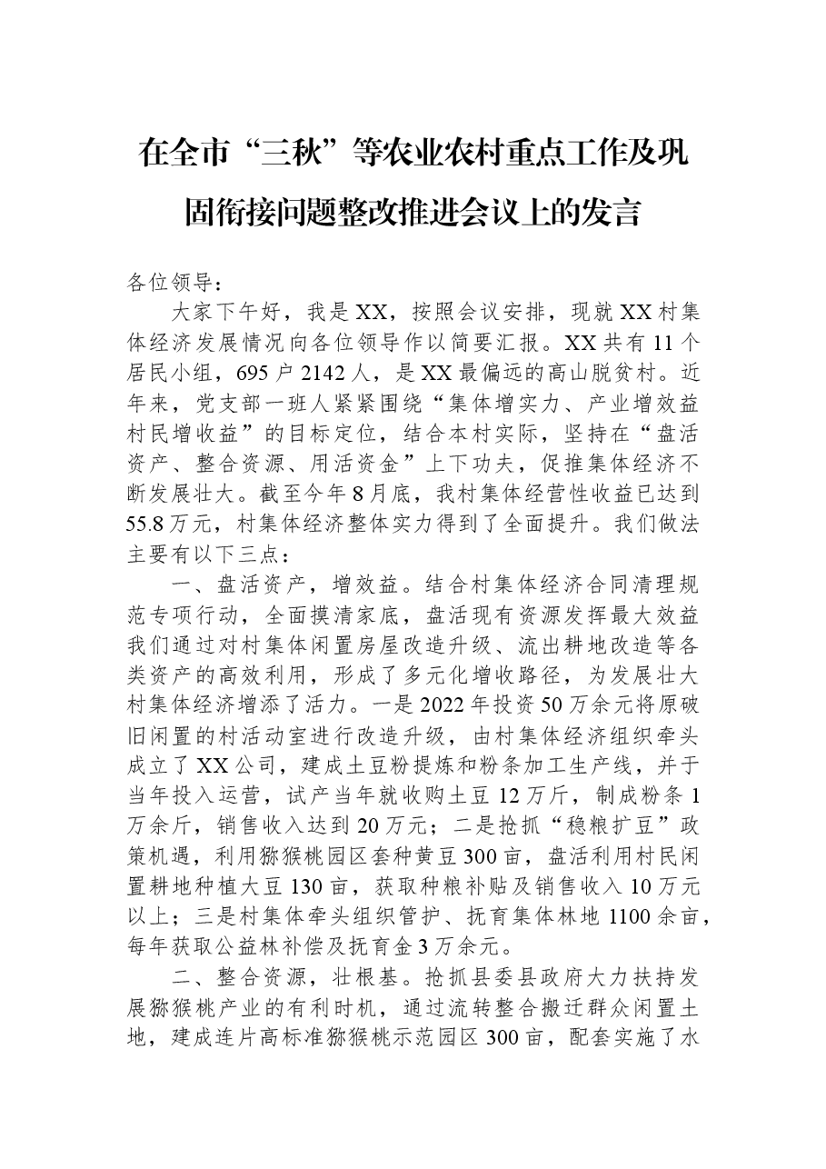 在全市“三秋”等农业农村重点工作及巩固衔接问题整改推进会议上的发言.docx,第1页预览