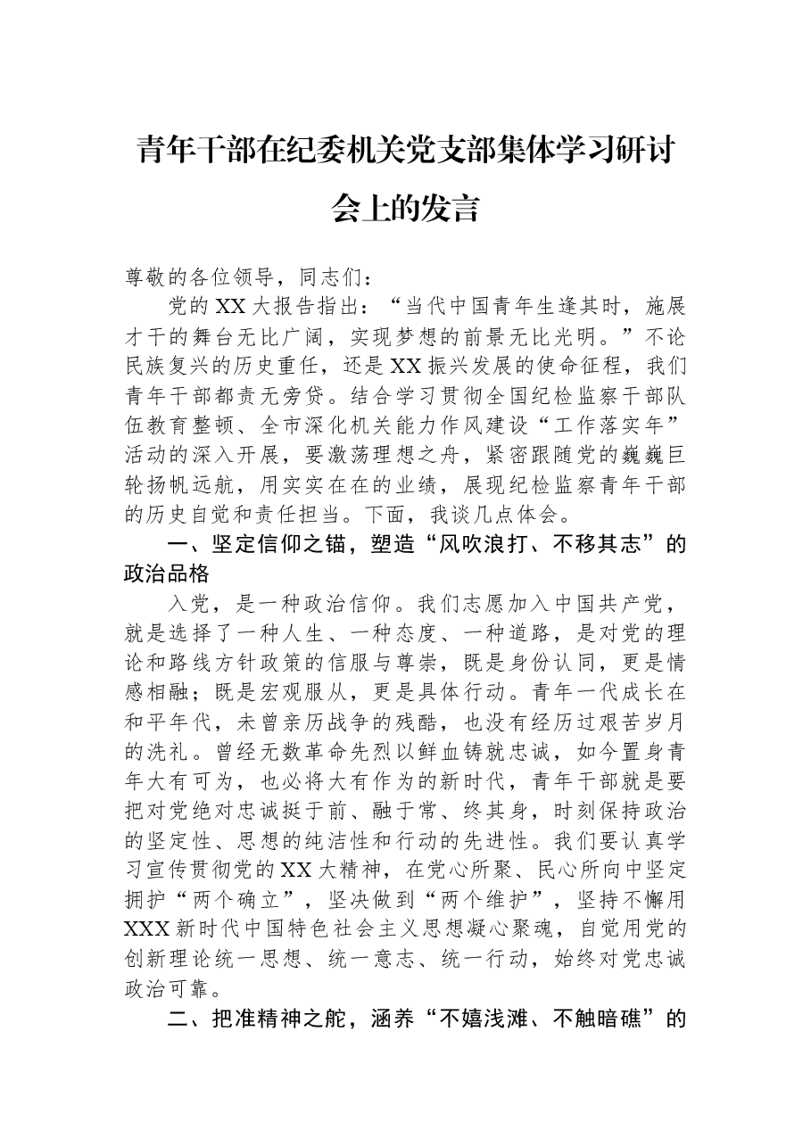 青年干部在纪委机关党支部集体学习研讨会上的发言.docx,第1页预览