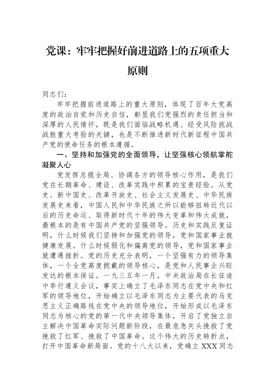 党课:牢牢把握好前进道路上的五项重大原则.docx,第1页预览