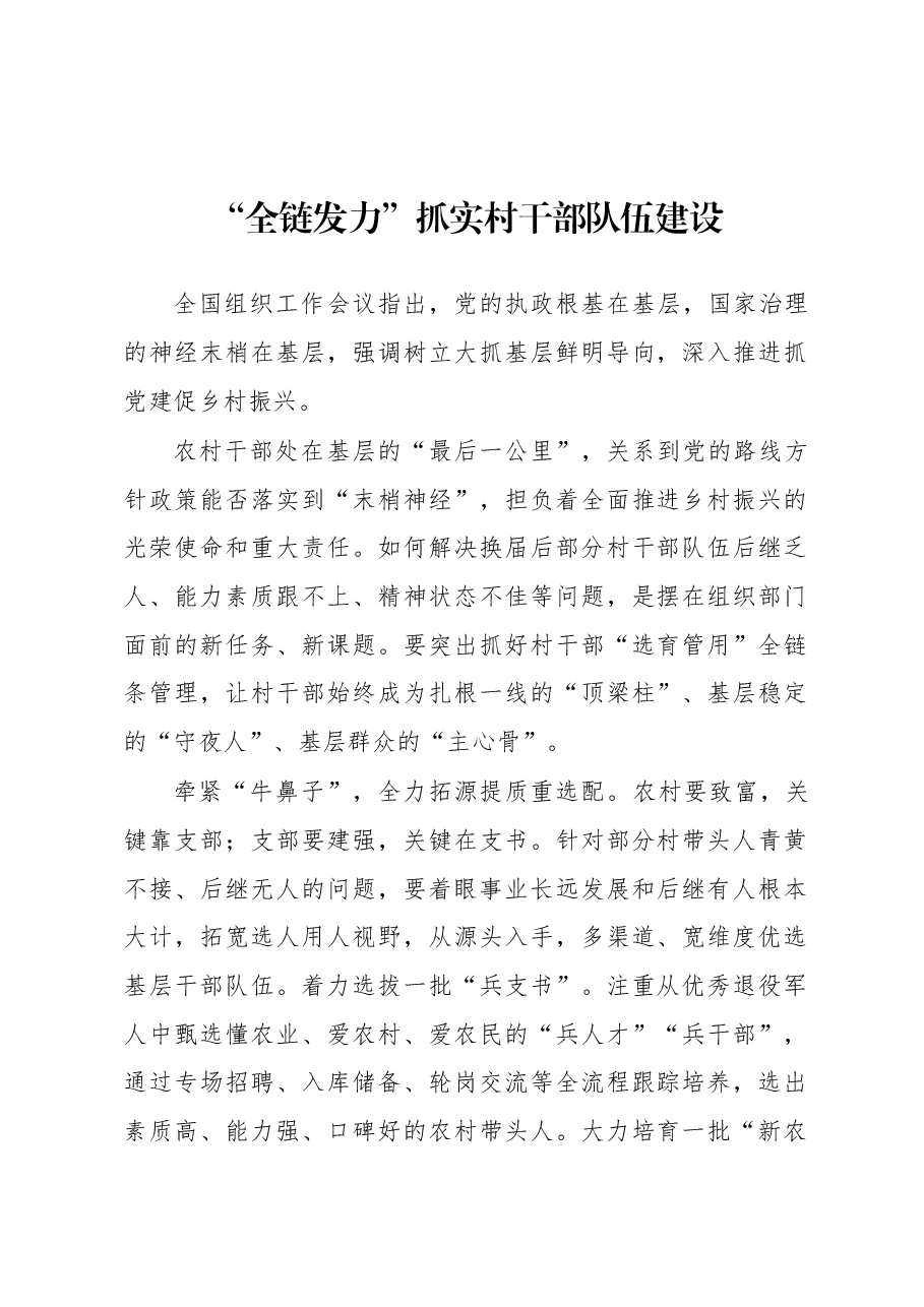 2023年基层组织工作心得:“全链发力”抓实村干部队伍建设.docx,第1页预览