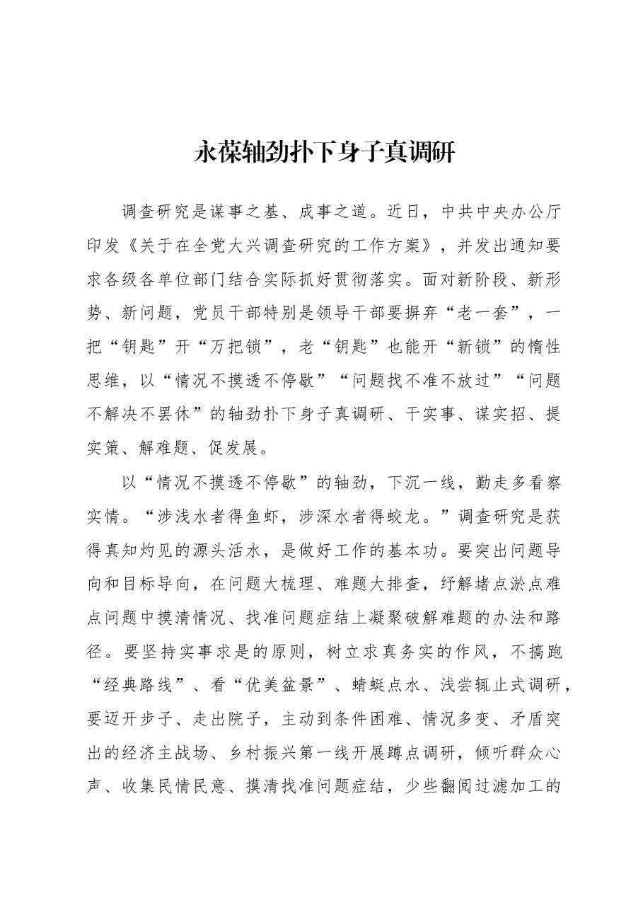 2023年“大兴务实之风 抓好调查研究”学习心得:永葆轴劲扑下身子真调研.docx,第1页预览