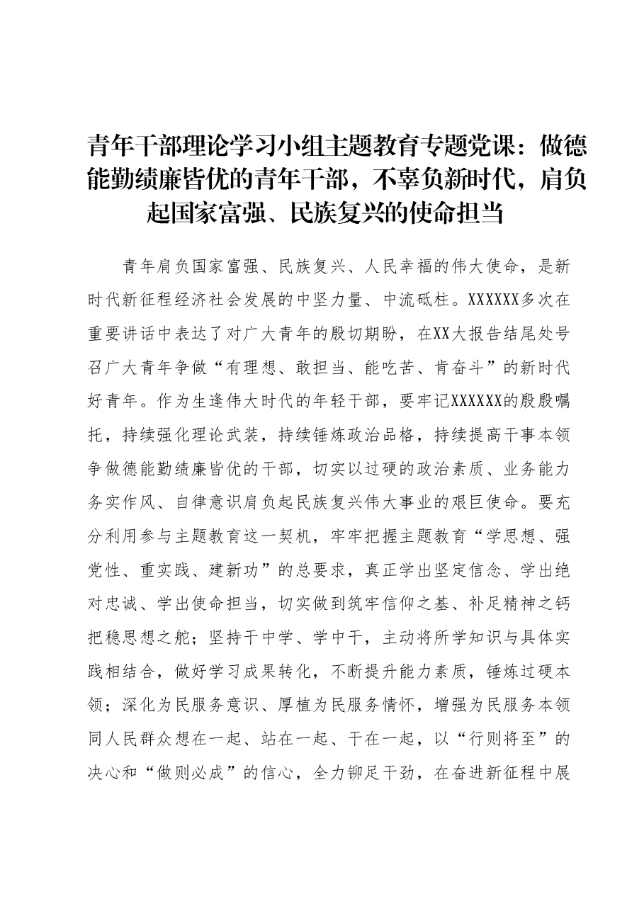 青年干部理论学习小组主题教育专题党课:做德能勤绩廉皆优的青年干部,不辜负新时代,肩负起国家富强、民族复兴的使命担当.docx,第1页预览