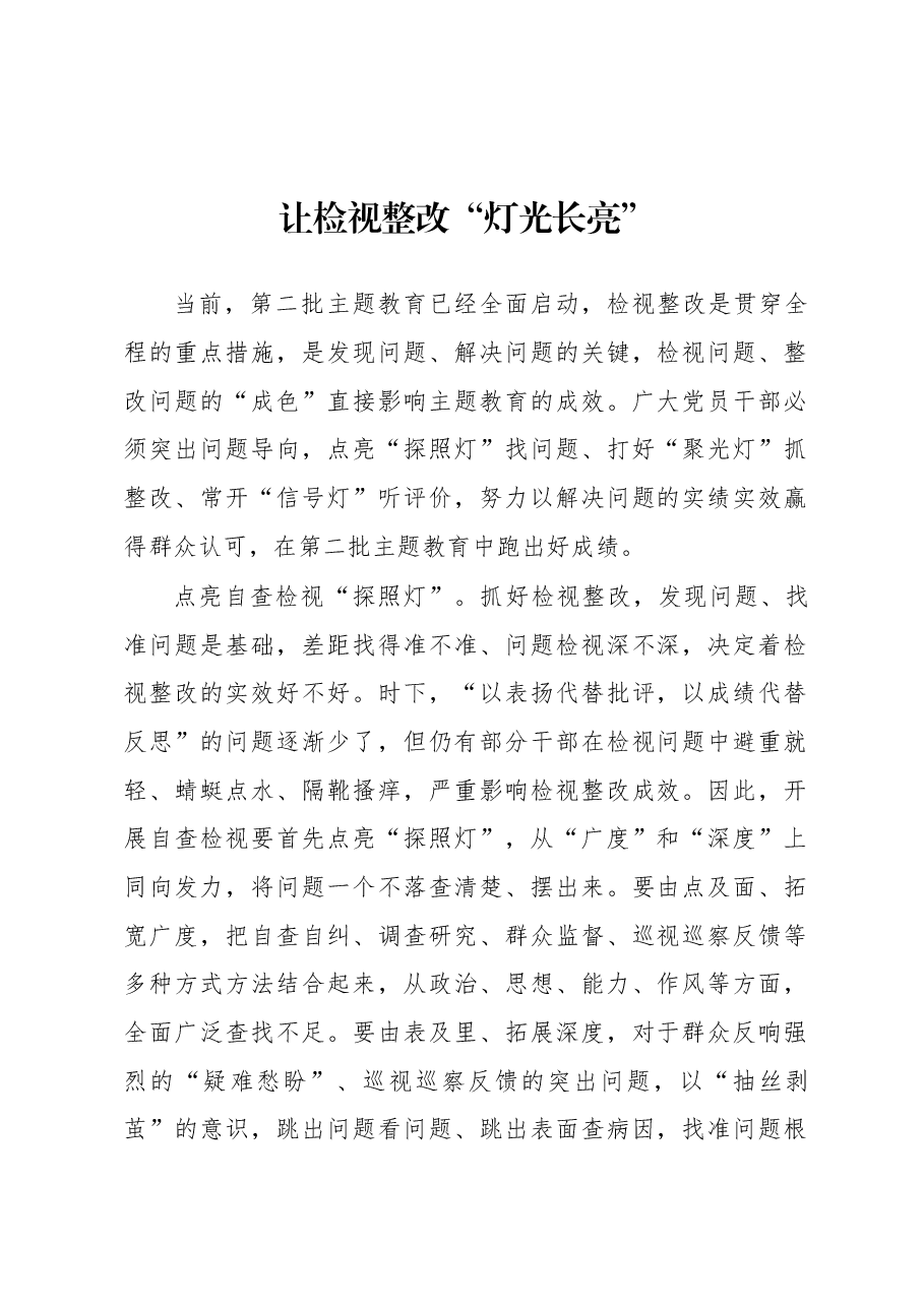 第二批主题教育学习心得:让检视整改“灯光长亮”.docx,第1页预览