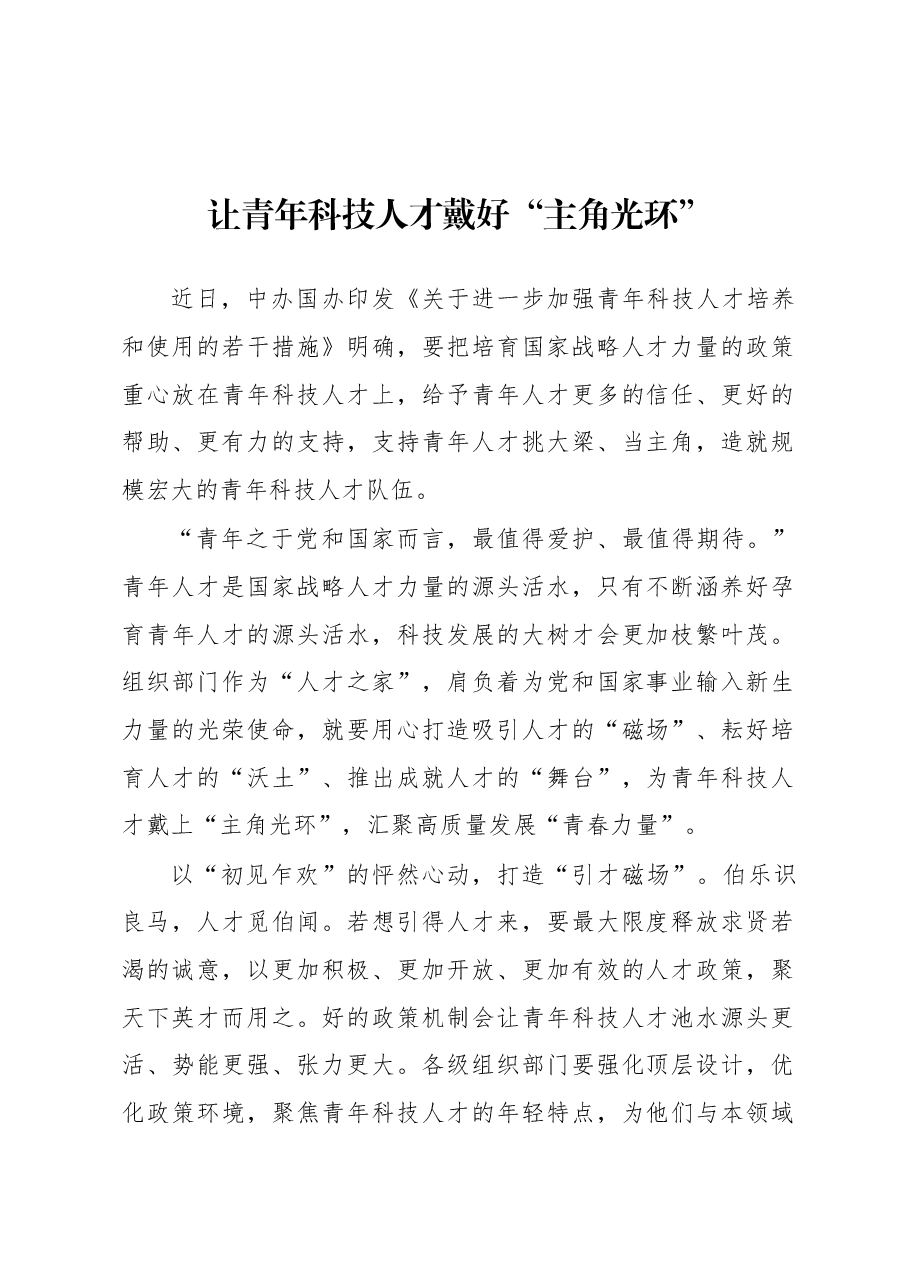 2023年基层组织工作心得:让青年科技人才戴好“主角光环”.docx,第1页预览