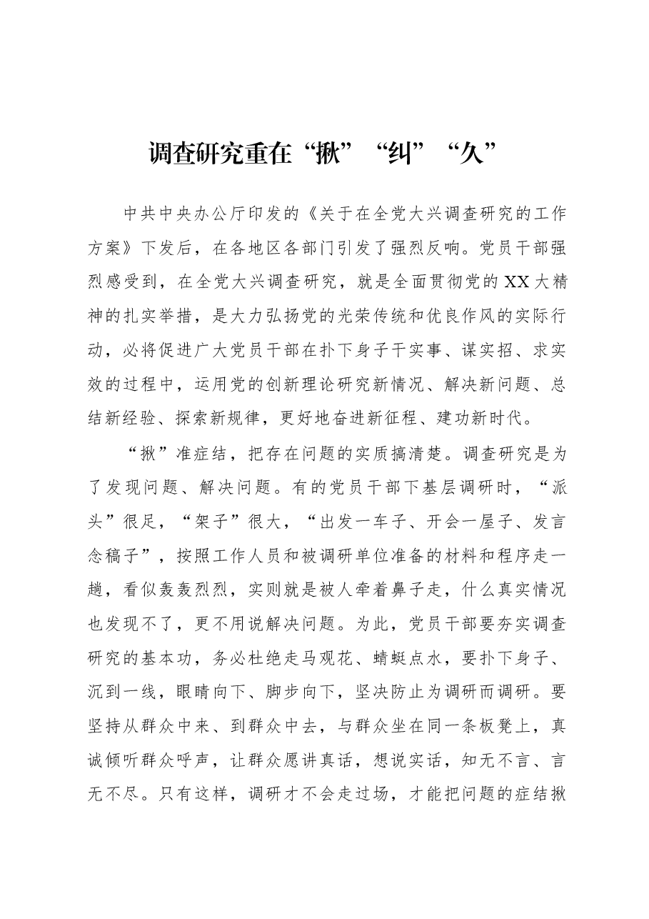 2023年“大兴务实之风 抓好调查研究”学习心得:调查研究重在“揪”“纠”“久”.docx,第1页预览