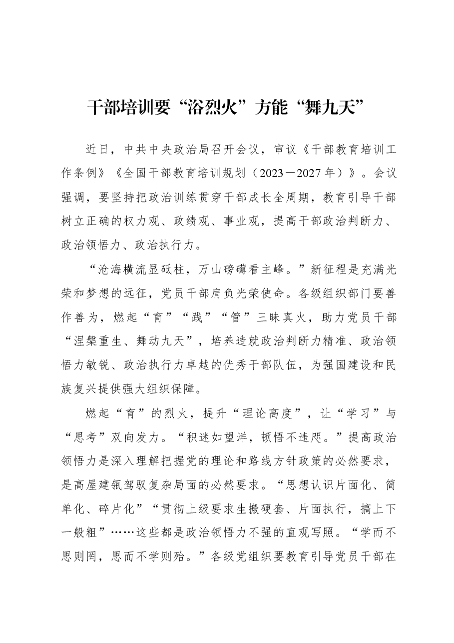 2023年基层组织工作心得:干部培训要“浴烈火”方能“舞九天”.docx,第1页预览