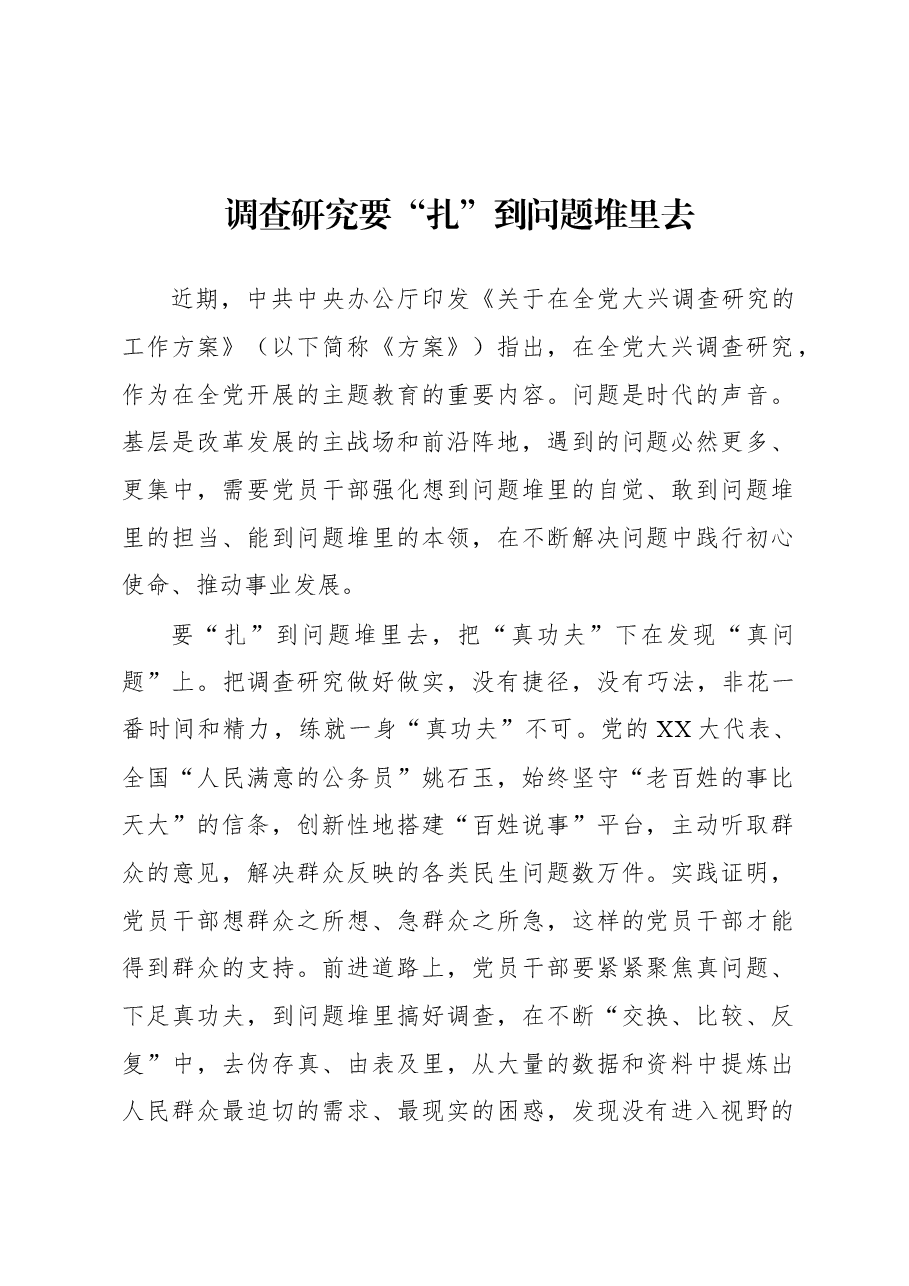 2023年“大兴务实之风 抓好调查研究”学习心得:调查研究要“扎”到问题堆里去.docx,第1页预览