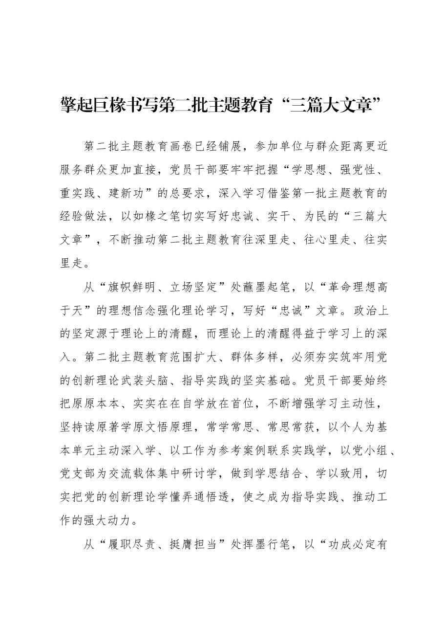 第二批主题教育学习心得：擎起巨椽书写第二批主题教育“三篇大文章”.docx，第1页预览