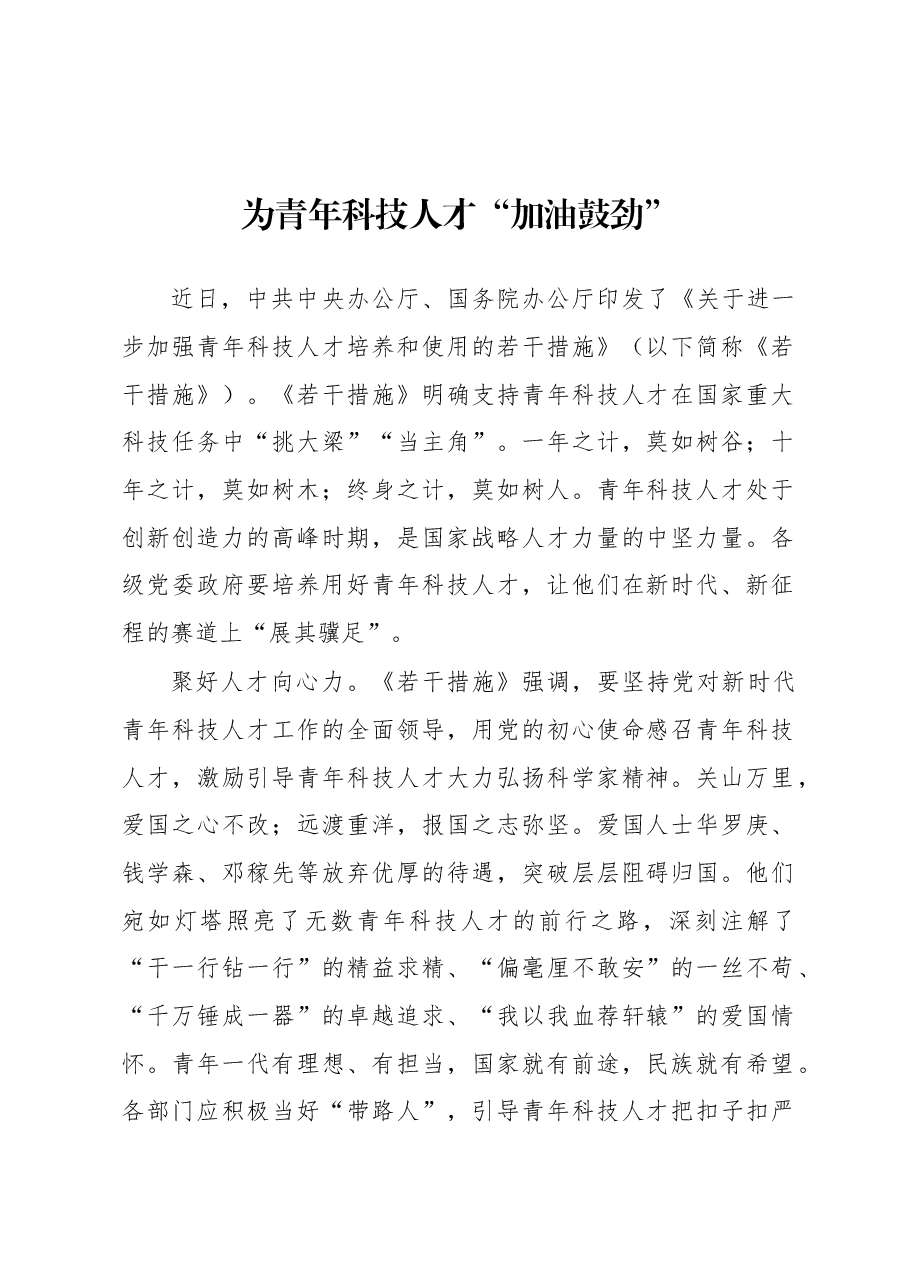 2023年基层组织工作心得:为青年科技人才“加油鼓劲”.docx,第1页预览
