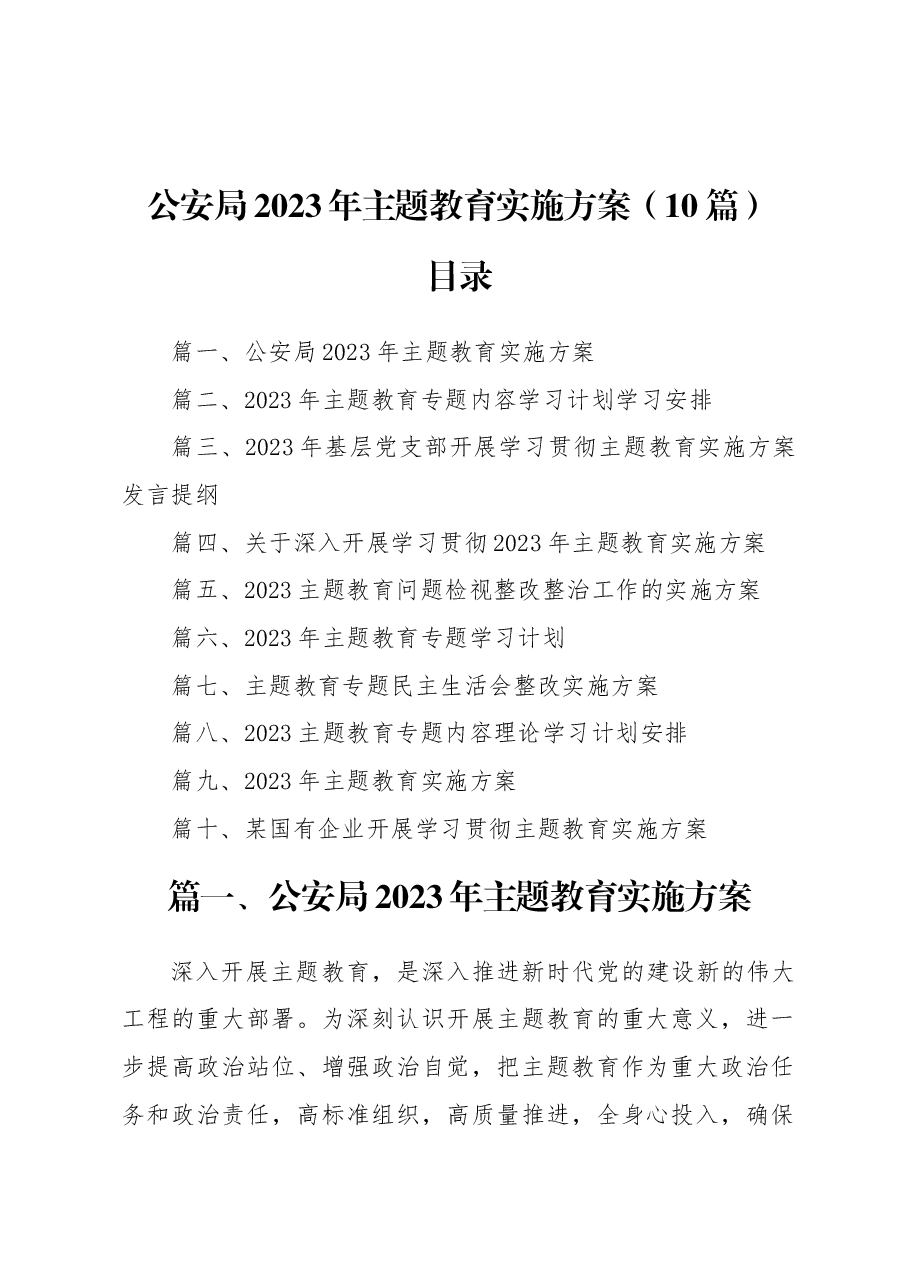 (10篇)公安局2023年主题教育实施方案.docx,第1页预览