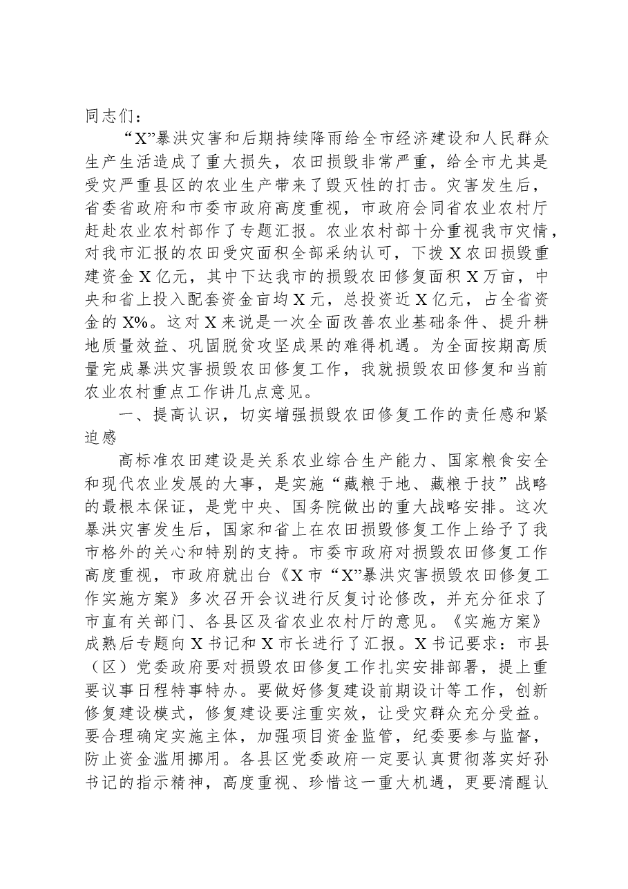 在全市暴洪灾害损毁农田修复工作推进会上的讲话.docx,第1页预览