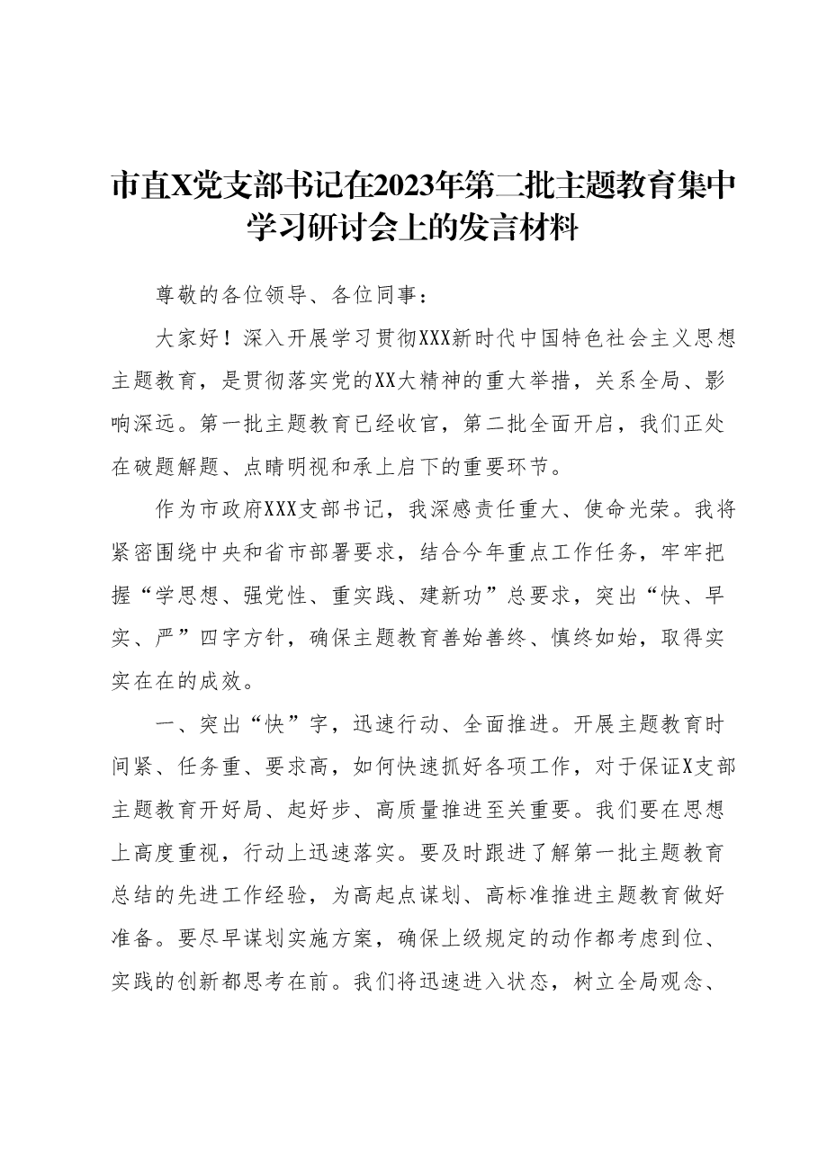 市直X党支部书记在2023年第二批主题教育集中学习研讨会上的发言材料.docx，第1页预览