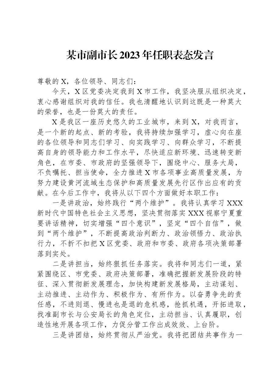 某市副市长2023年任职表态发言.docx,第1页预览