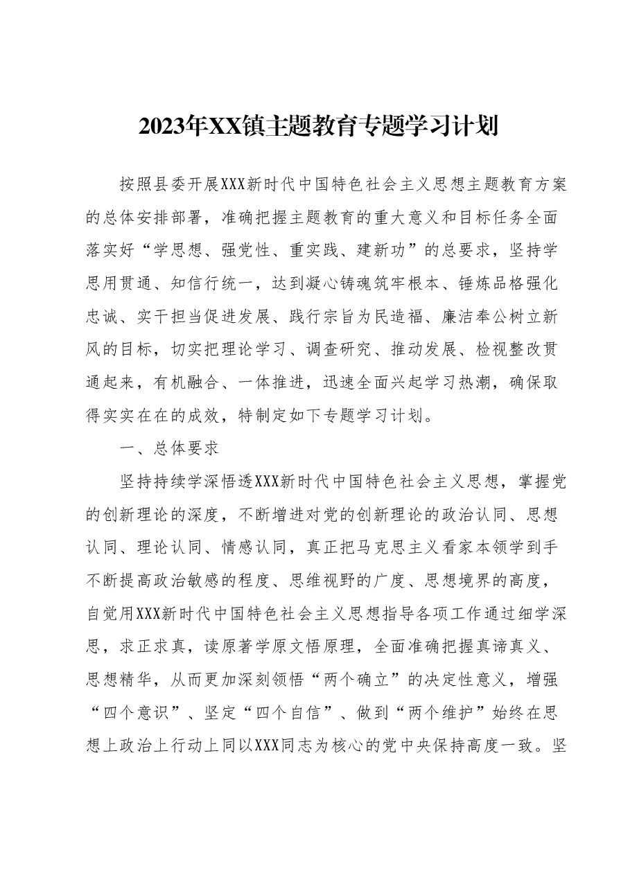 2023年XX镇主题教育专题学习计划.docx,第1页预览