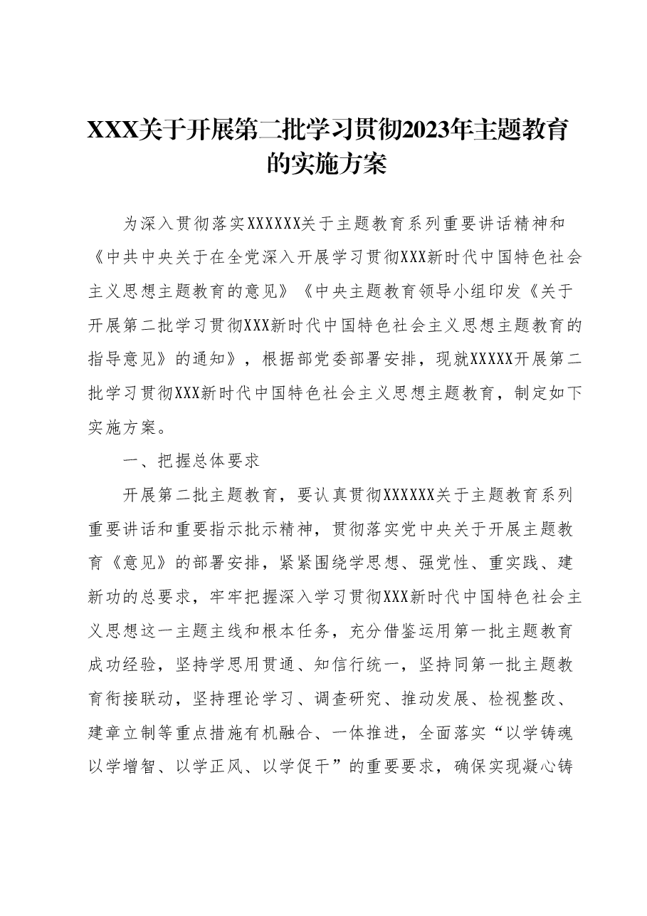 XXX关于开展第二批学习贯彻2023年主题教育的实施方案.docx,第1页预览