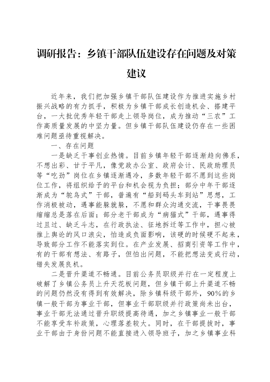 调研报告:乡镇干部队伍建设存在问题及对策建议.docx,第1页预览