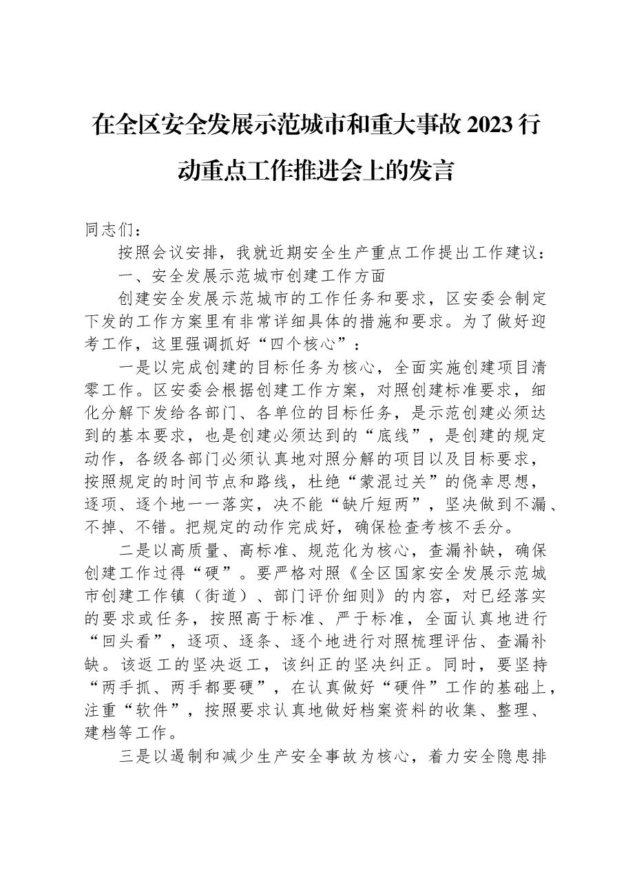 在全区安全发展示范城市和重大事故2023行动重点工作推进会上的发言.docx,第1页预览