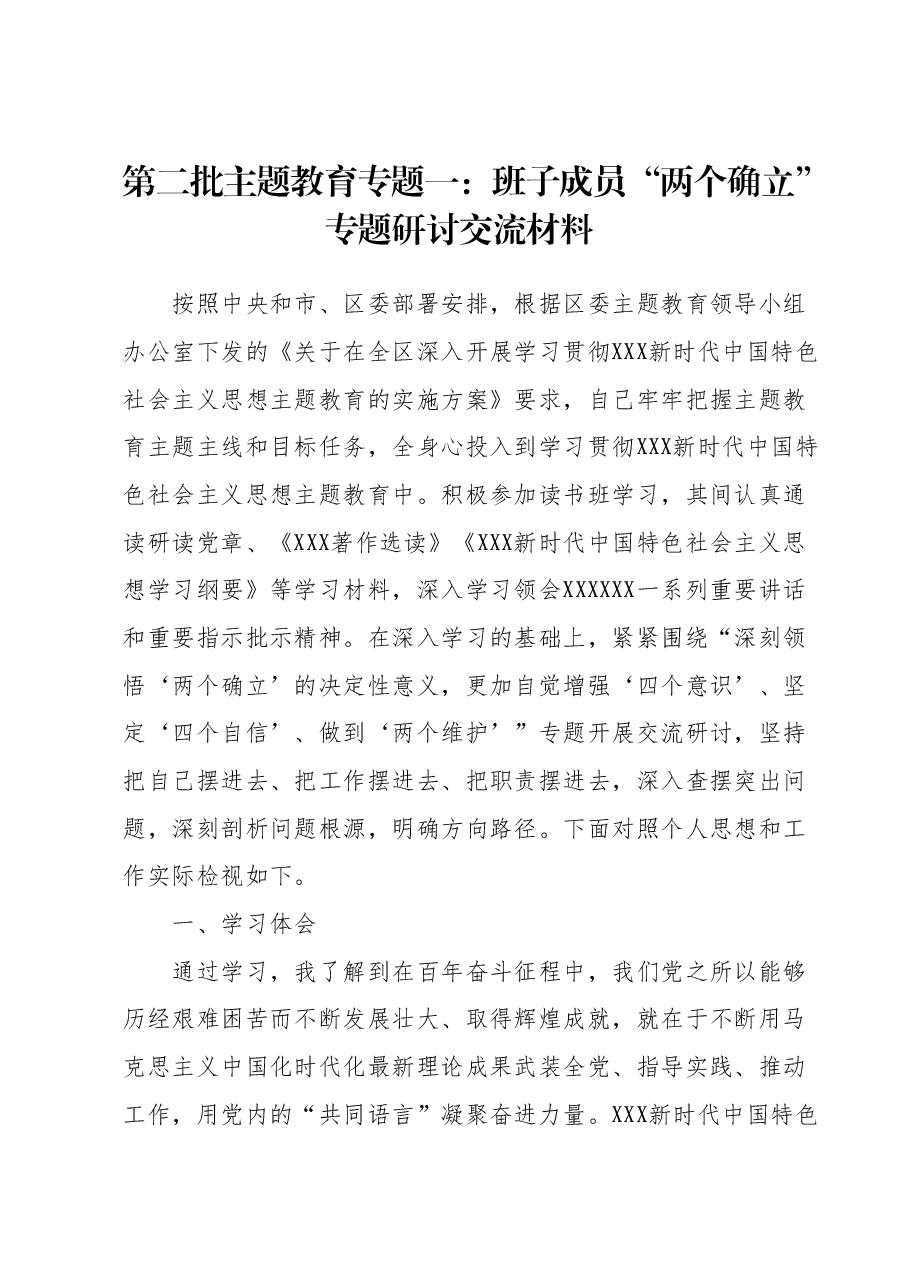第二批主题教育专题一:班子成员“两个确立”专题研讨交流材料.docx,第1页预览