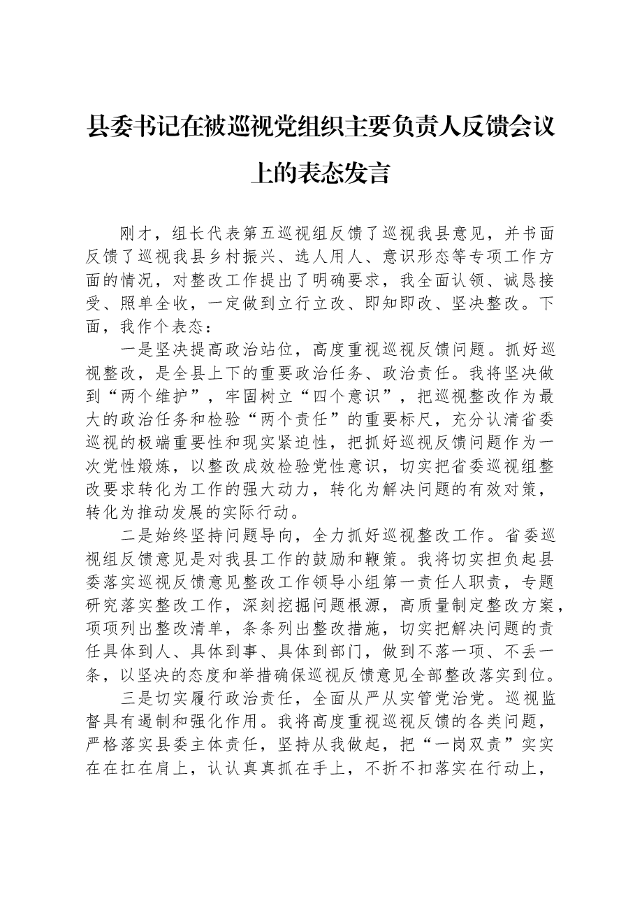 县委书记在被巡视党组织主要负责人反馈会议上的表态发言.docx,第1页预览