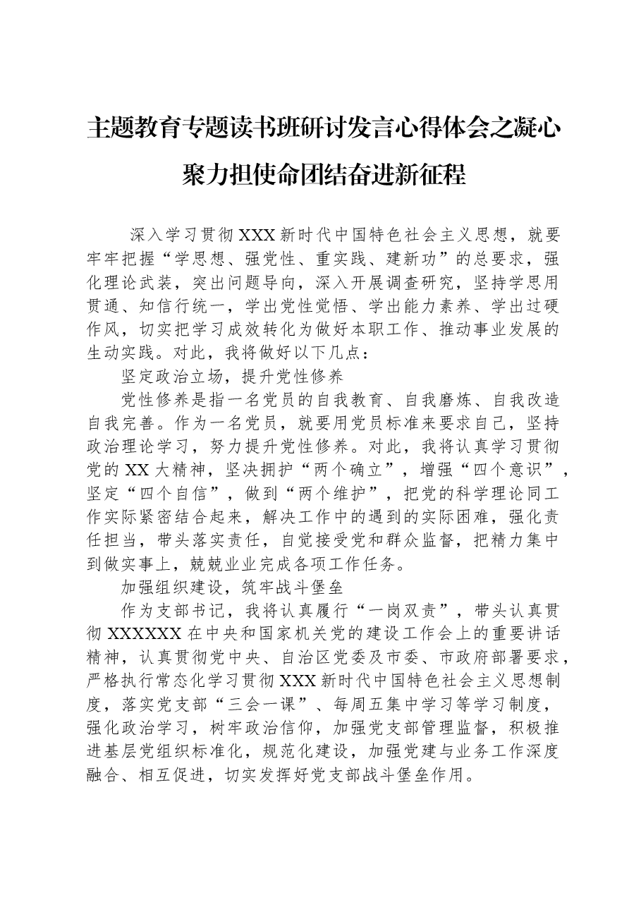 主题教育专题读书班研讨发言心得体会之凝心聚力担使命+团结奋进新征程.docx，第1页预览
