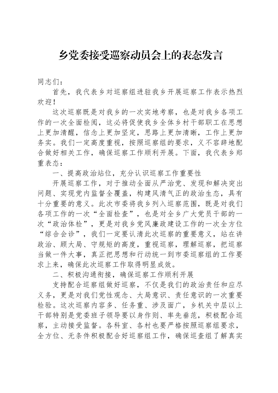 乡党委接受巡察动员会上的表态发言.docx,第1页预览
