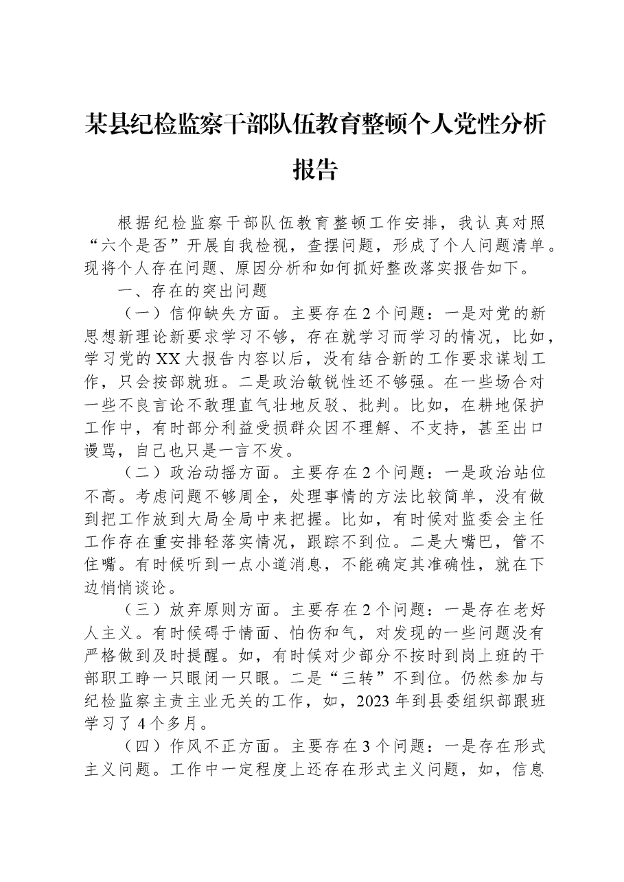 某县纪检监察干部队伍教育整顿个人党性分析报告.docx,第1页预览