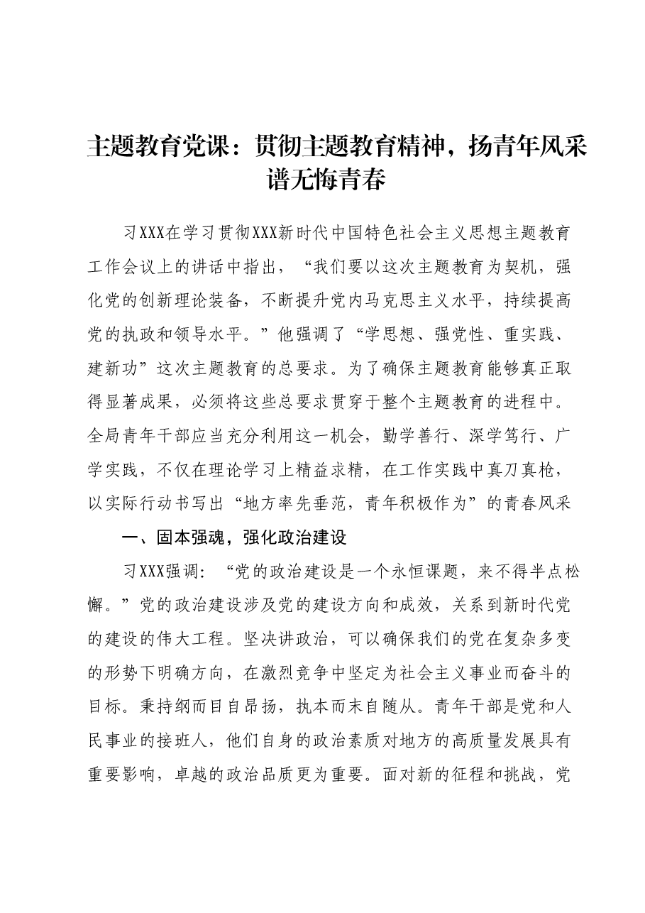 主题教育党课:贯彻主题教育精神,扬青年风采,谱无悔青春.docx,第1页预览