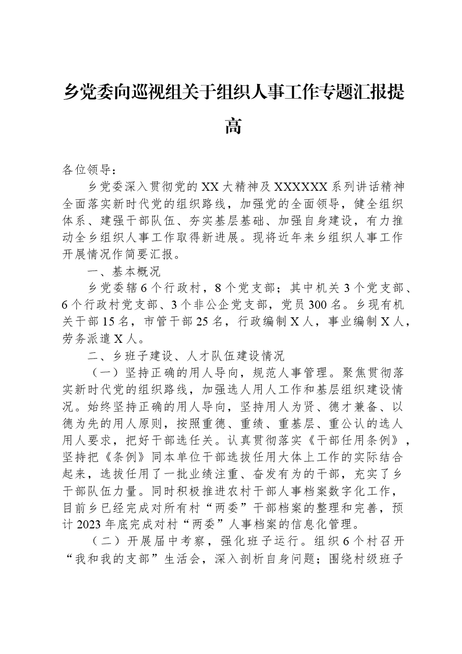 乡党委向巡视组关于组织人事工作专题汇报提高.docx,第1页预览