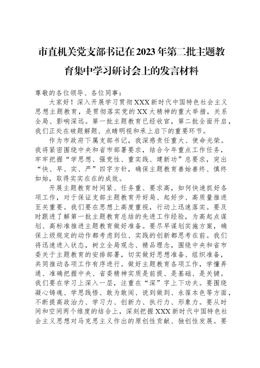 市直机关党支部书记在2023年第二批主题教育集中学习研讨会上的发言材料.docx,第1页预览