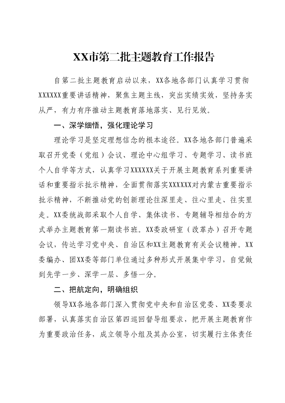 XX市第二批主题教育工作报告.docx,第1页预览